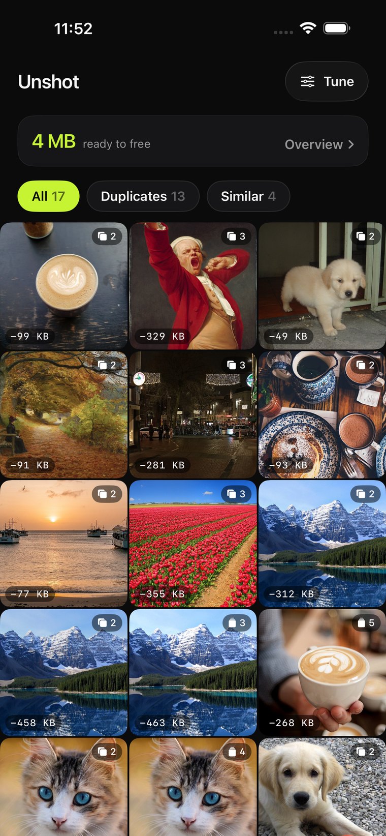 Unshot library screen showing duplicate and similar photo sets